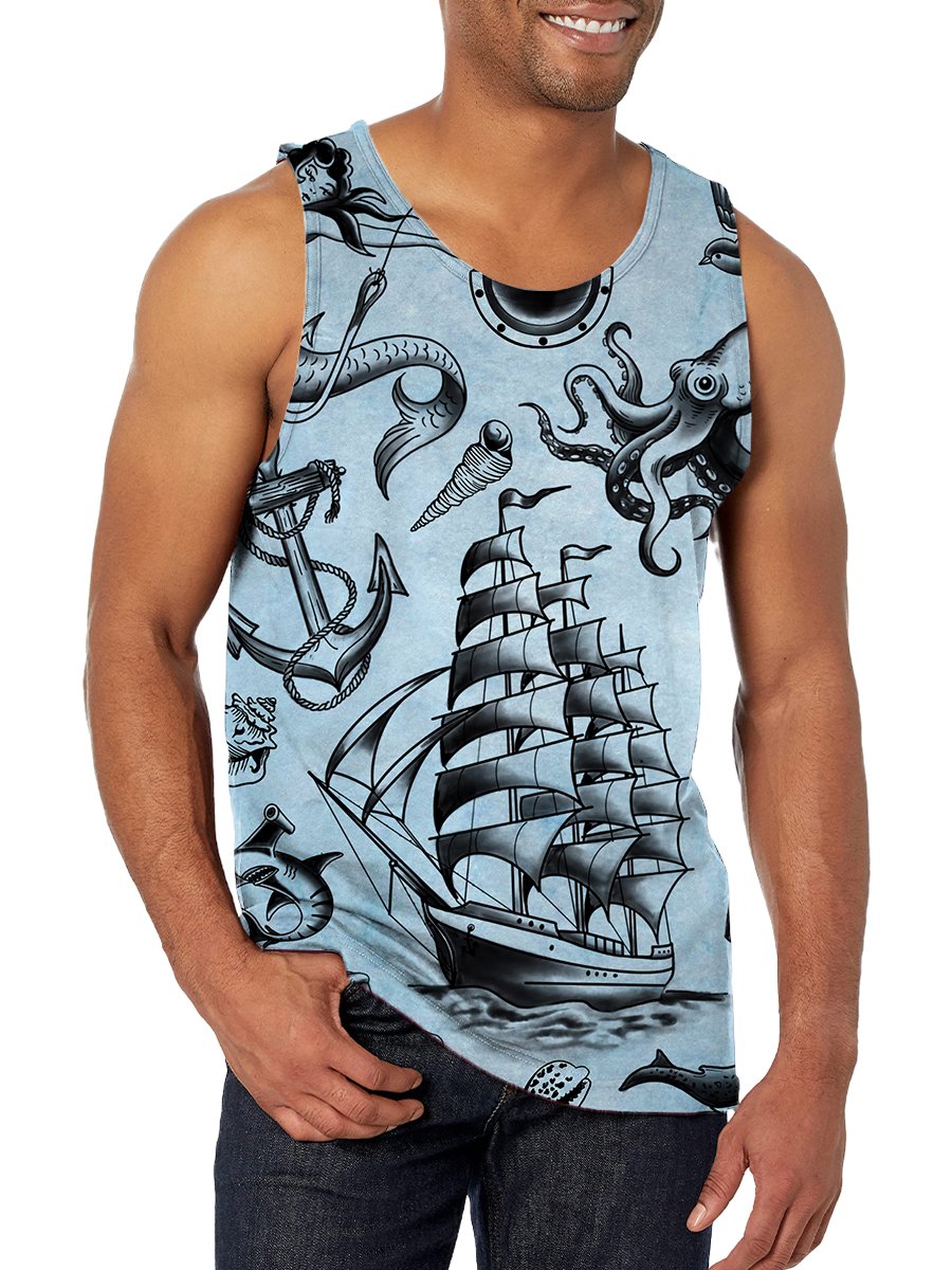 Men's Tank Top Vintage Nautical Mermaid Boat Print Crew Neck Tank T-Shirt