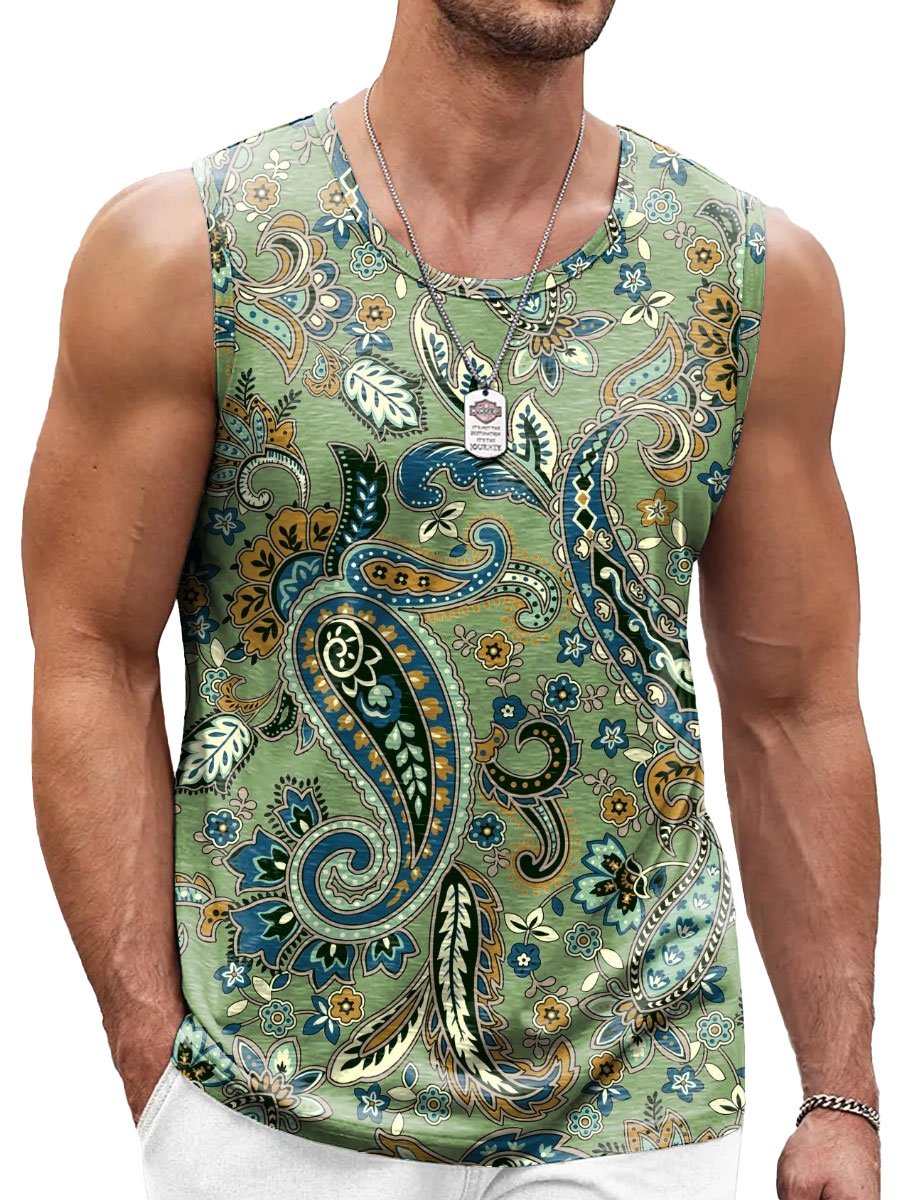 Men's Paisley Print Casual Crew Tank Top
