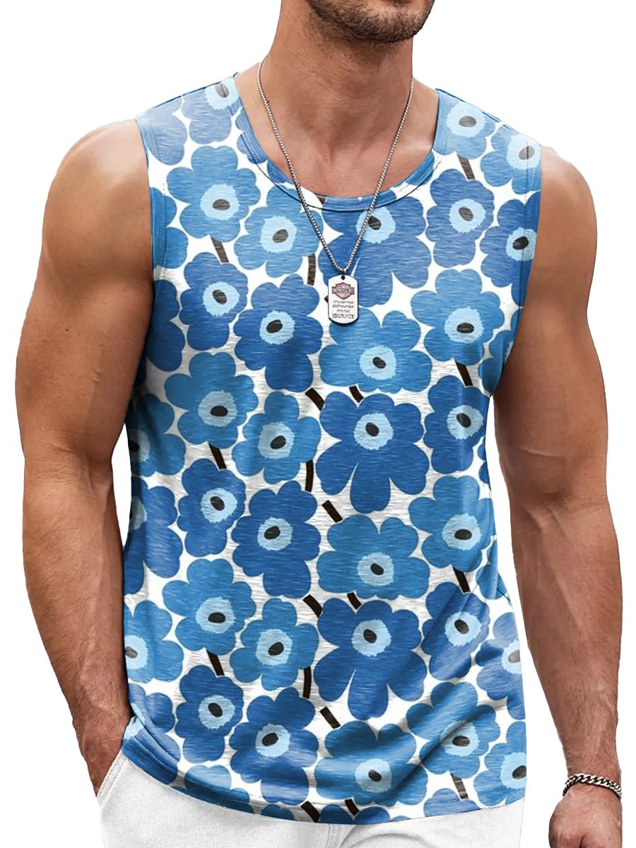 Blue Graffiti Flower Print Casual Sleeveless Tank Top