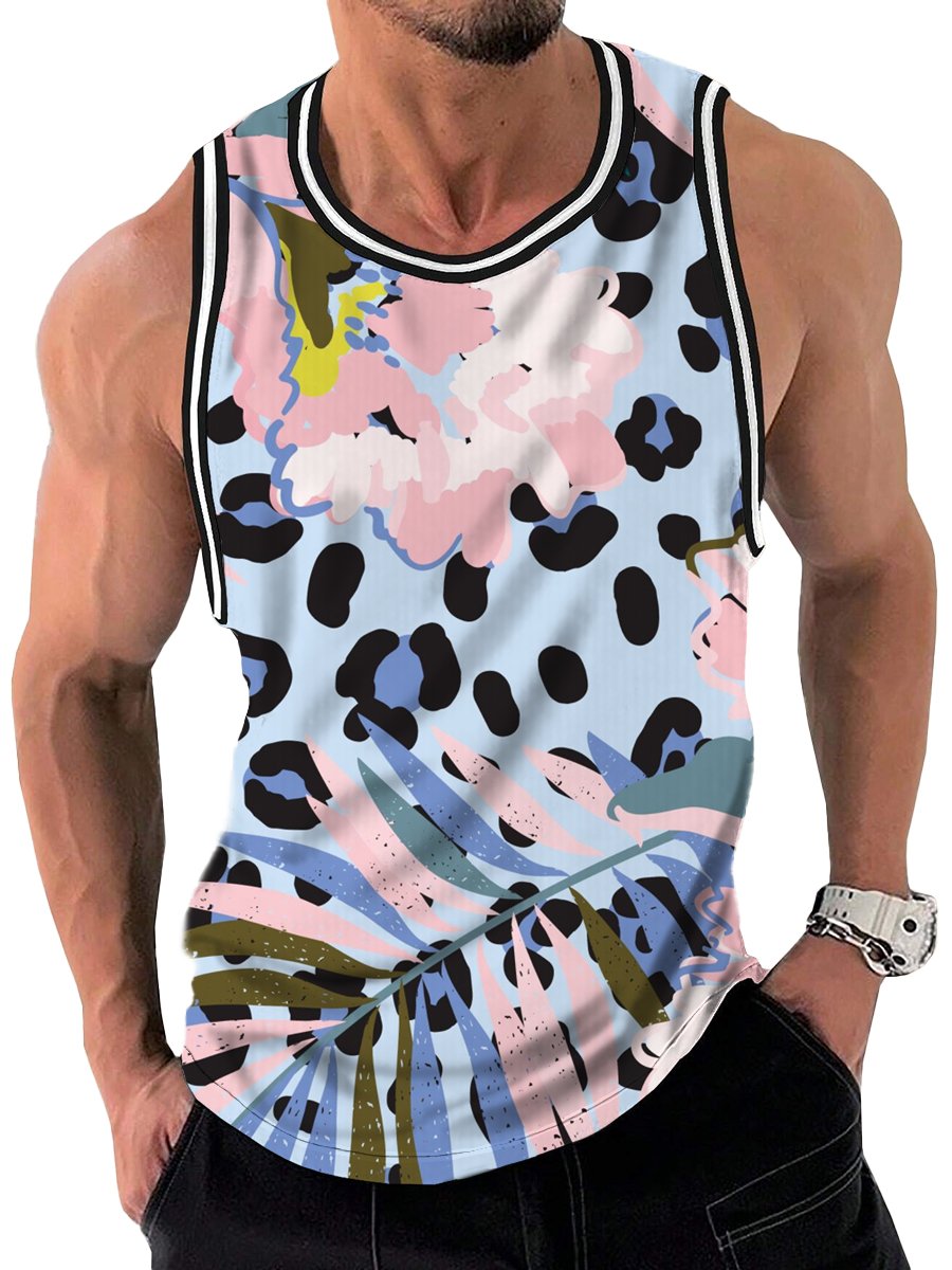 Fresh Leopard Floral Print Crew Neck Tank Top