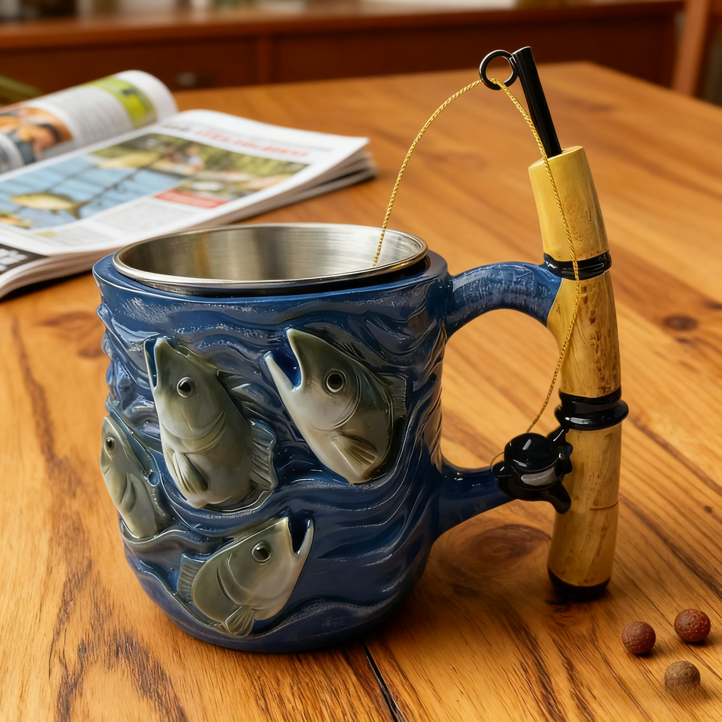 🎣🦈Reel in the Fun! 3D Fishing-Themed Mug with Stainless Steel Liner – Perfect for Anglers & Coffee Lovers