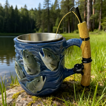 🎣🦈Reel in the Fun! 3D Fishing-Themed Mug with Stainless Steel Liner – Perfect for Anglers & Coffee Lovers