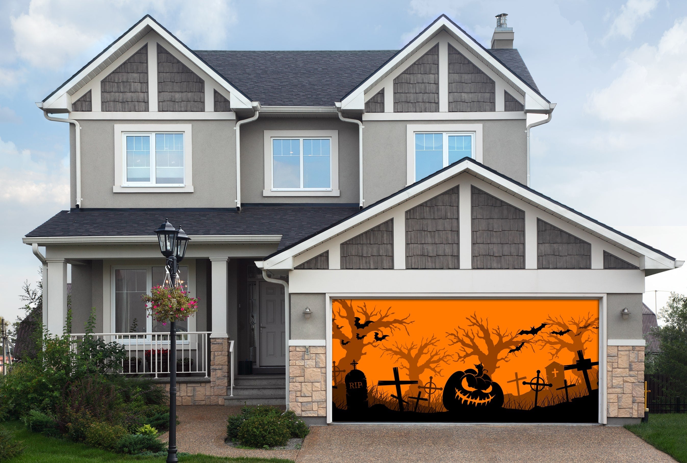 Happy Halloween banner. Halloween pumpkins and bats. Vector illustration Halloween Garage Door Banner Mural