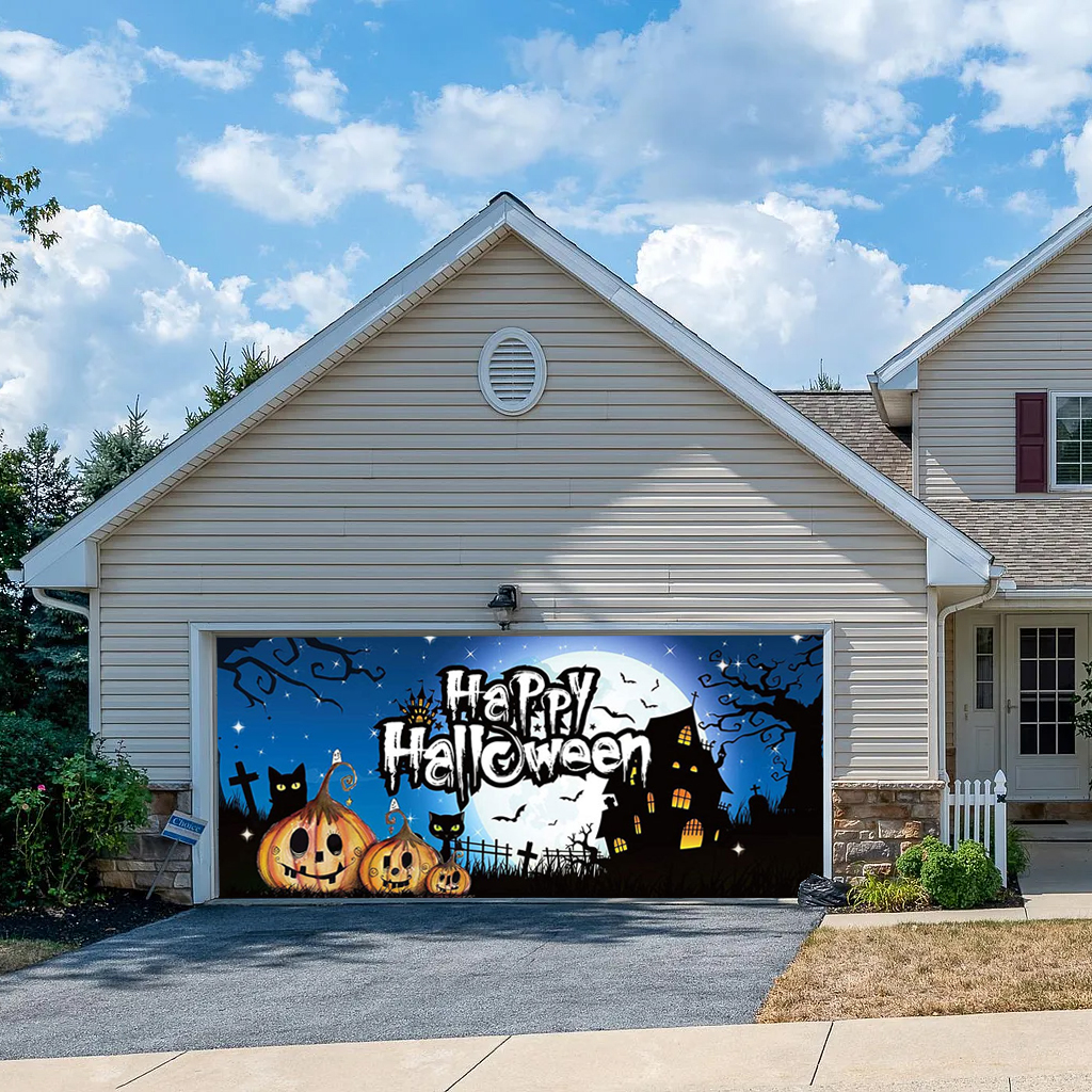 (This style has a US warehouse and can be delivered in 3-5 days)7' x 16'  Scray O Lantern Three Scary Pumpkins Garage Door Mural