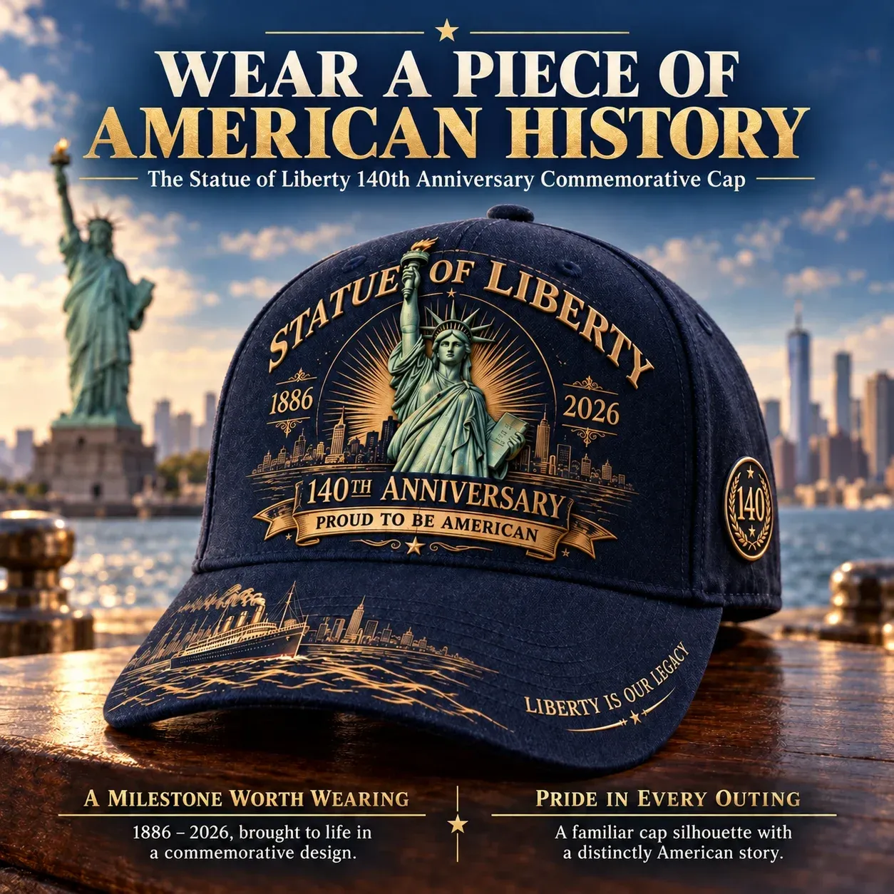 Navy Statue of Liberty 140th anniversary cap beside New York Harbor