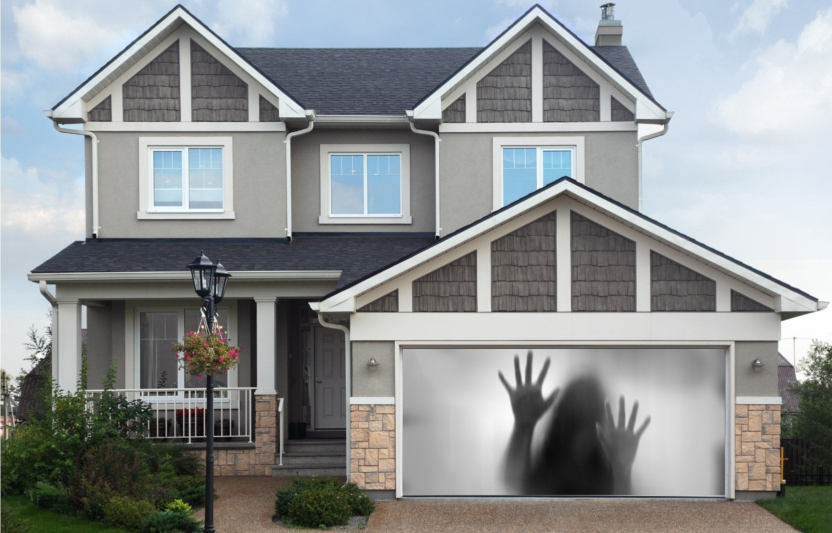 Horror woman behind the matte glass in black and white Halloween Garage Door Banner Mural