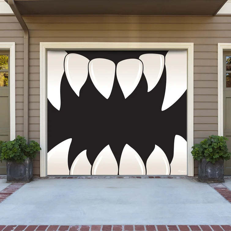 7' x 16' Cream White and Black Double Car Halloween Garage Door Banner