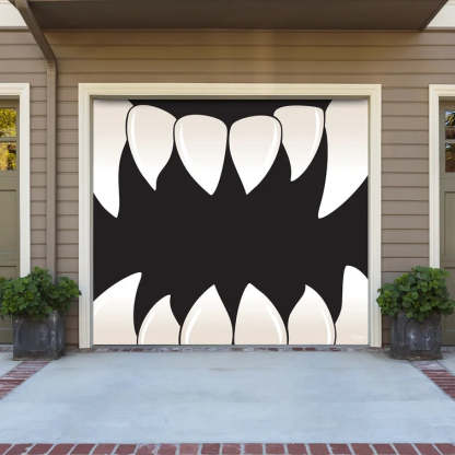 7' x 16' Cream White and Black Double Car Halloween Garage Door Banner
