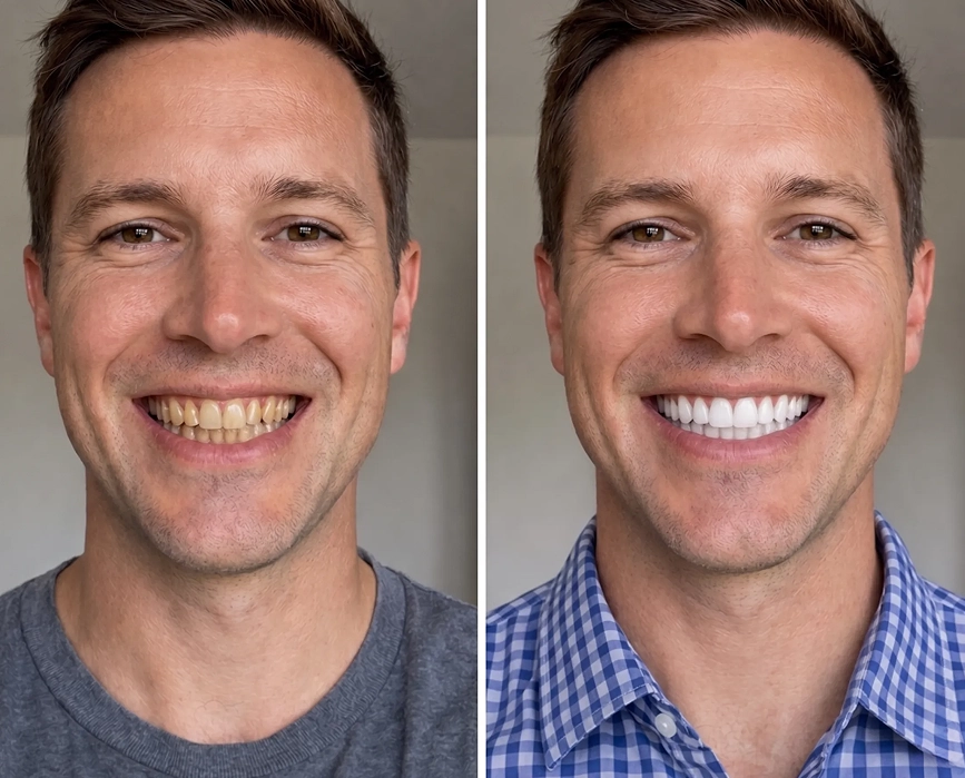 The same smile on day 1 and day 7 of using Asuno whitening tablets