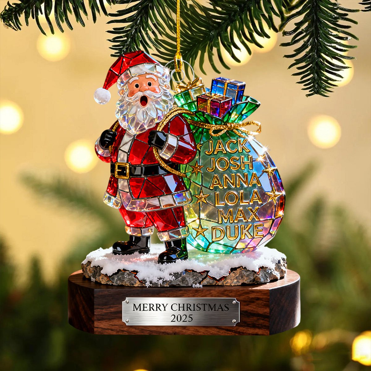 Personalized Stained Glass Effect Family Santa Claus Theme Acrylic Ornament
