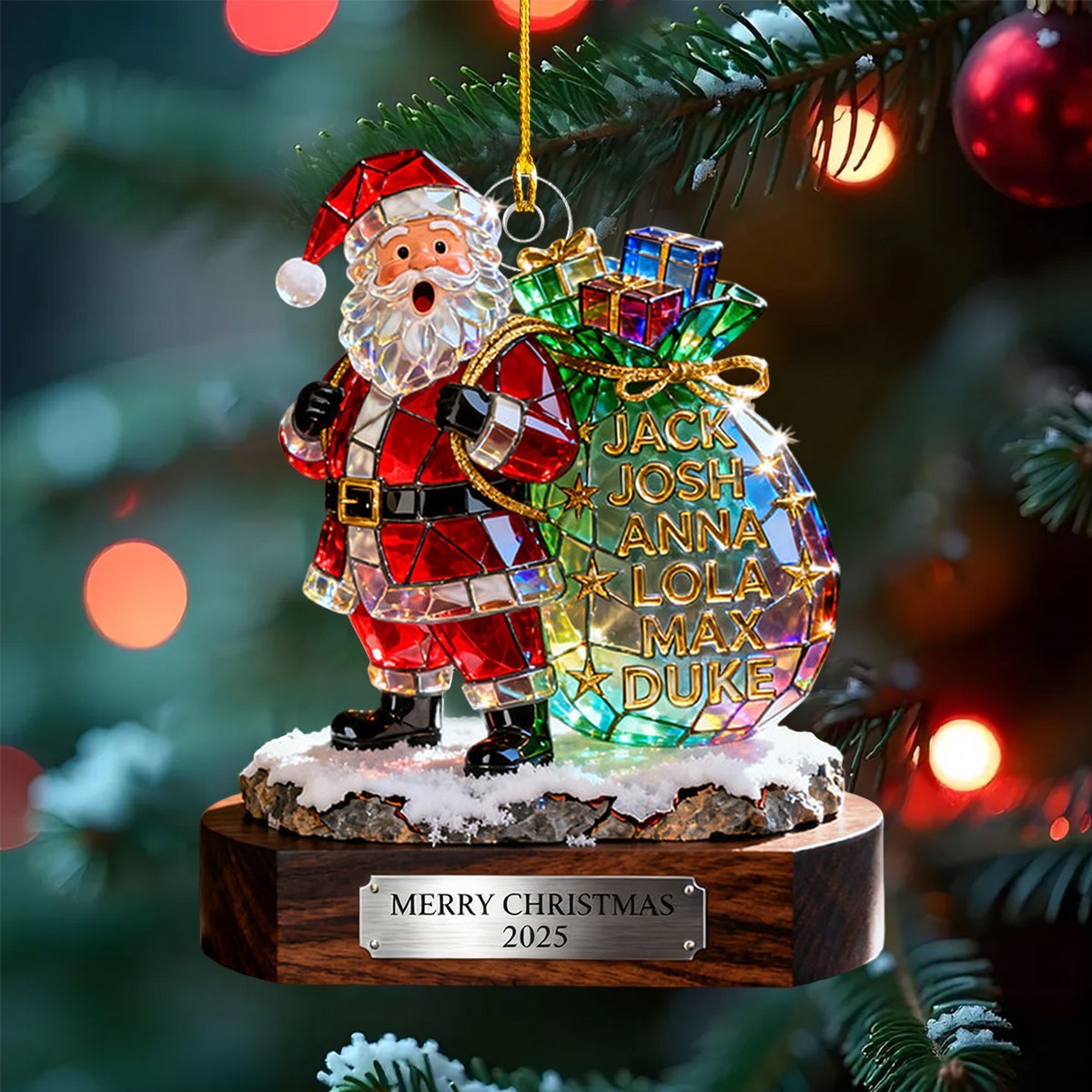 Personalized Stained Glass Effect Family Santa Claus Theme Acrylic Ornament