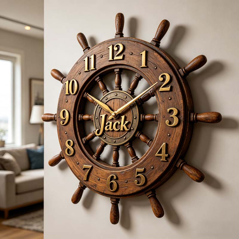 Personalized wooden ship's wheel themed clock