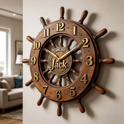 Personalized wooden ship's wheel themed clock