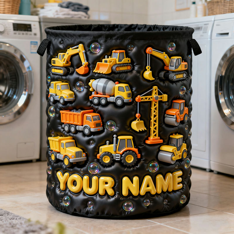 Personalized Construction Vehicle Themed Laundry Basket and Toy Storage Box