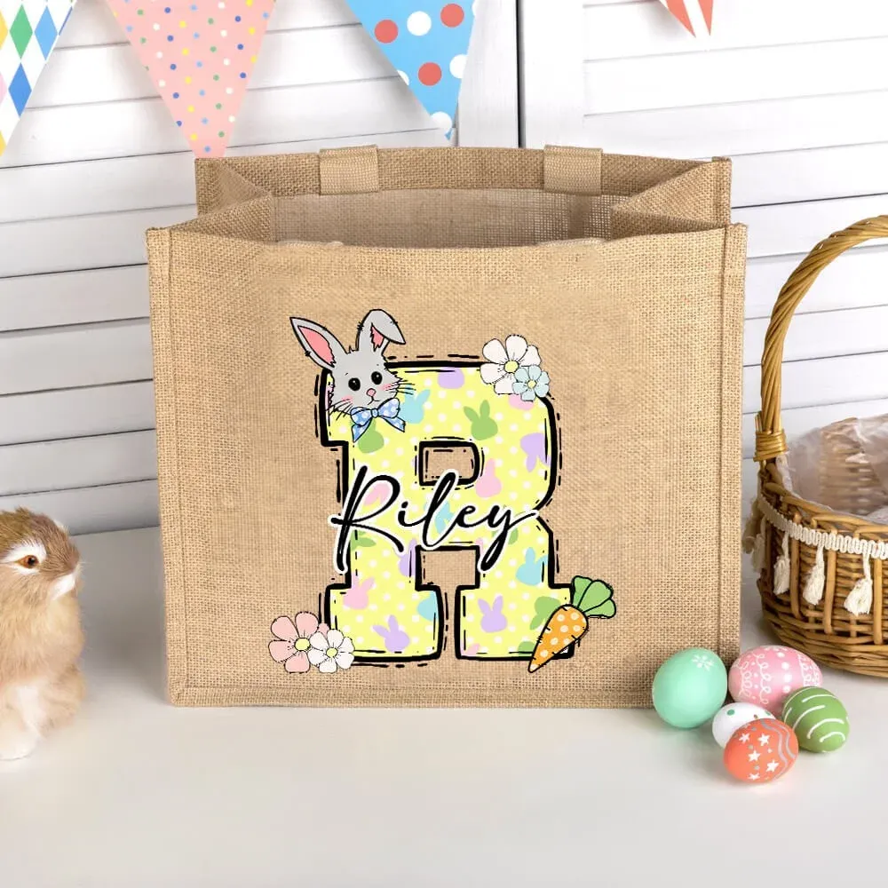 Custom Name & Initial Easter Bunny Burlap Tote Bag