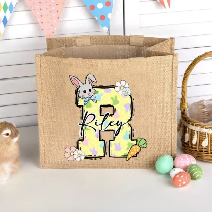 Custom Name & Initial Easter Bunny Burlap Tote Bag