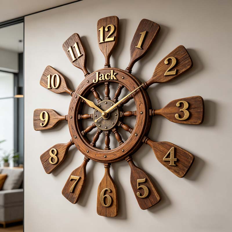 Personalized wooden ship's wheel themed clock