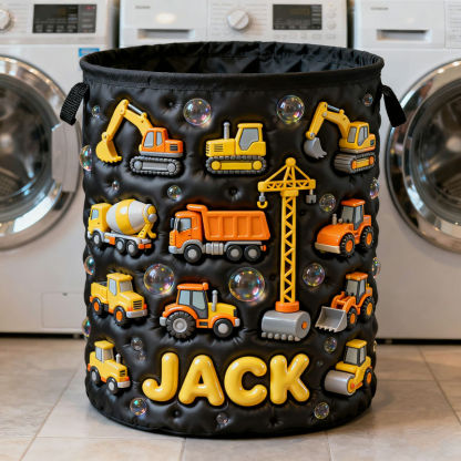 Personalized Construction Vehicle Themed Laundry Basket and Toy Storage Box