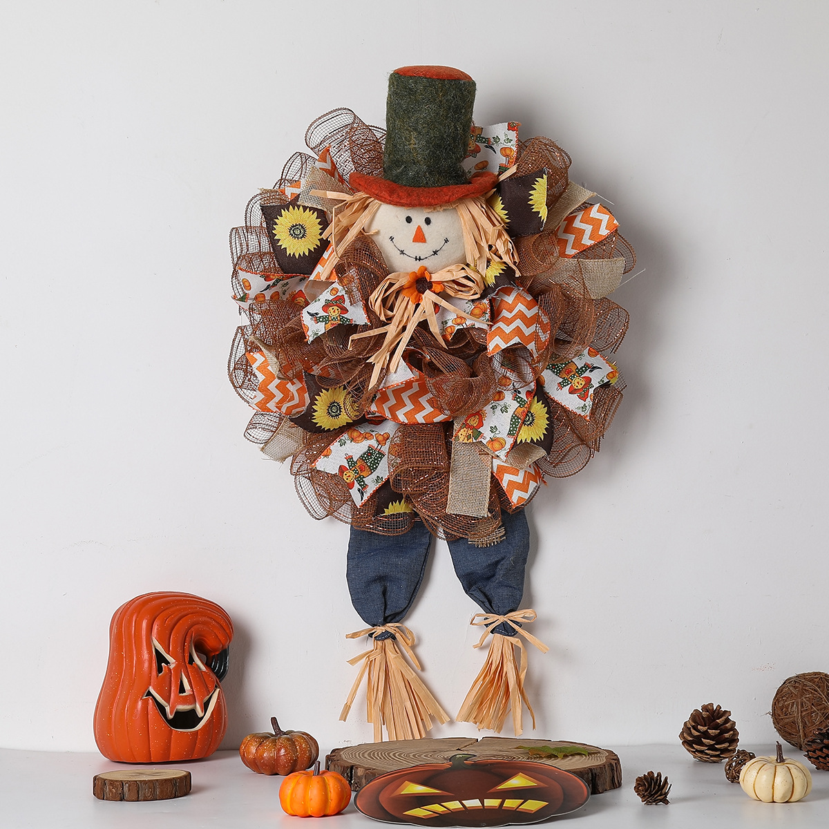 27" Scarecrow Wreath | Thanksgiving Deco Mesh Fall Front Door Wreath