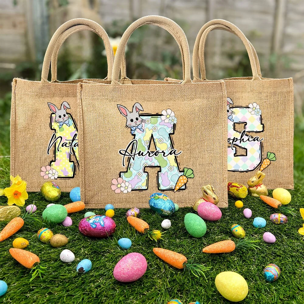 Custom Name & Initial Easter Bunny Burlap Tote Bag
