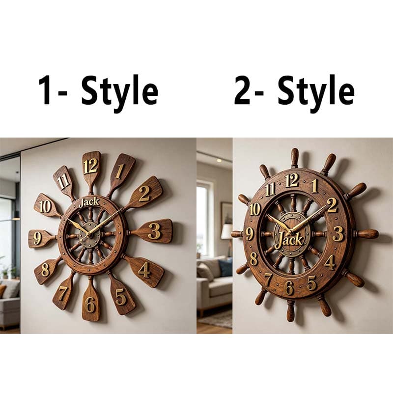 Personalized wooden ship's wheel themed clock