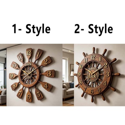 Personalized wooden ship's wheel themed clock