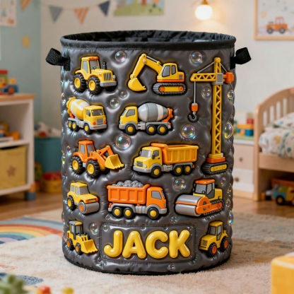 Personalized Construction Vehicle Themed Laundry Basket and Toy Storage Box