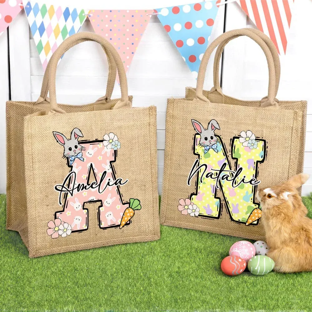 Custom Name & Initial Easter Bunny Burlap Tote Bag