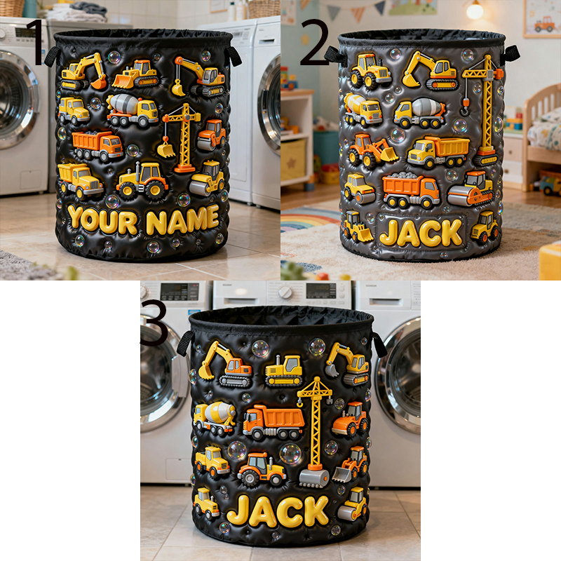 Personalized Construction Vehicle Themed Laundry Basket and Toy Storage Box