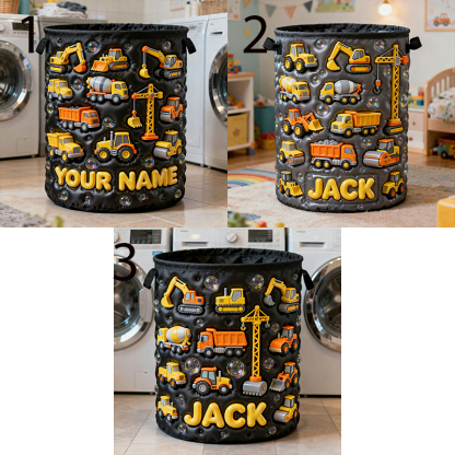 Personalized Construction Vehicle Themed Laundry Basket and Toy Storage Box