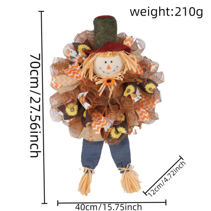27" Scarecrow Wreath | Thanksgiving Deco Mesh Fall Front Door Wreath