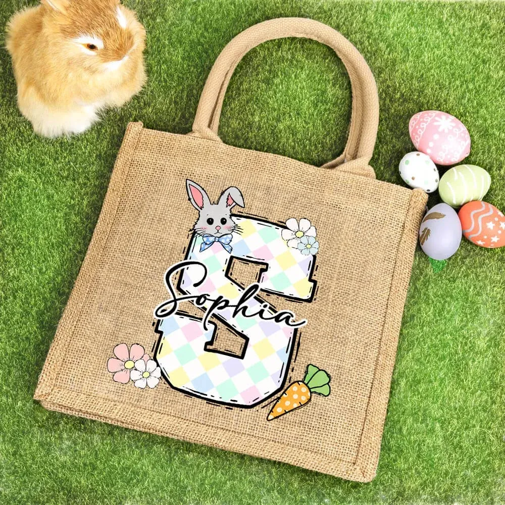 Custom Name & Initial Easter Bunny Burlap Tote Bag