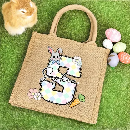 Custom Name & Initial Easter Bunny Burlap Tote Bag