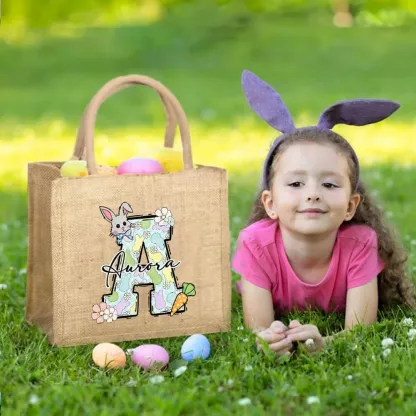 Custom Name & Initial Easter Bunny Burlap Tote Bag