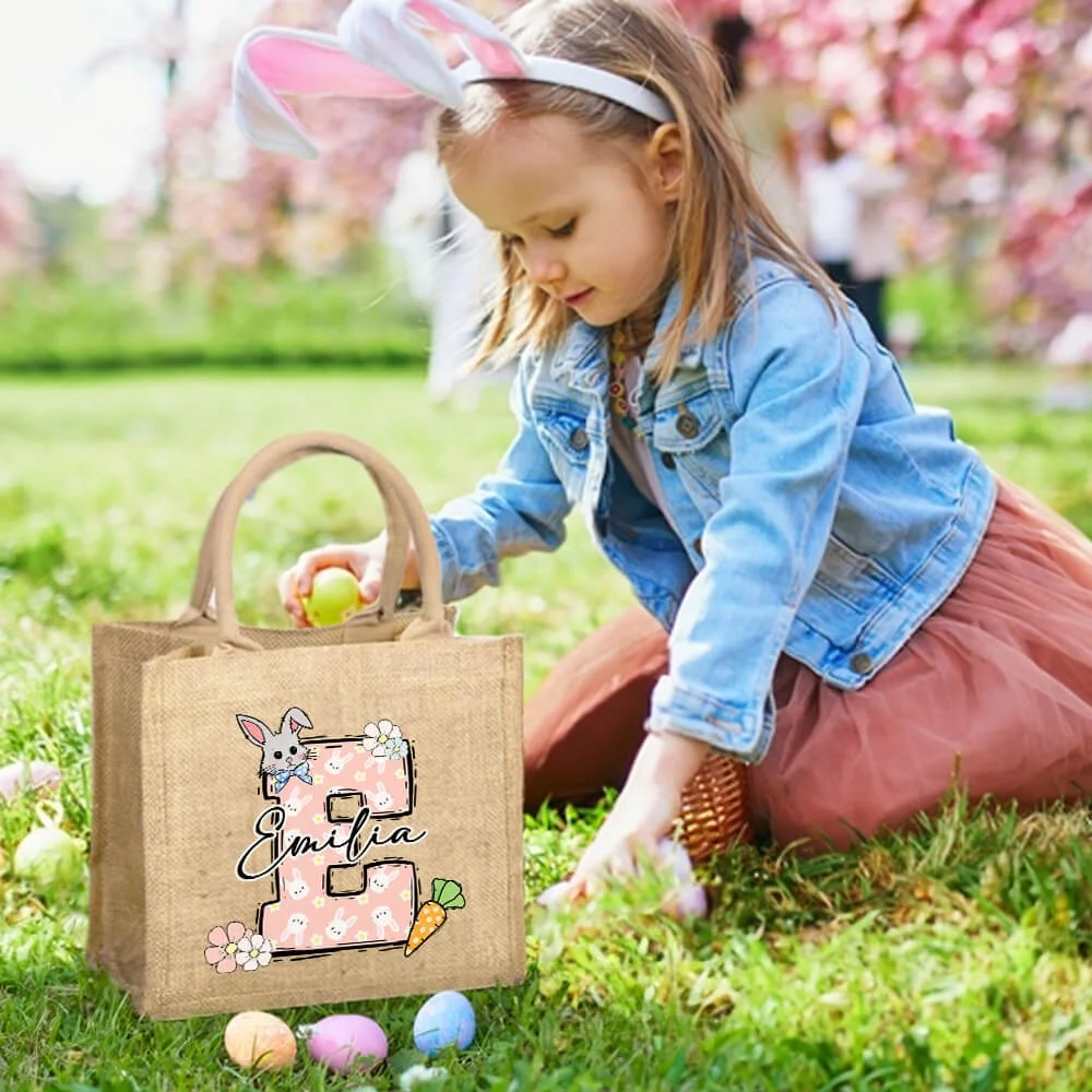 Custom Name & Initial Easter Bunny Burlap Tote Bag