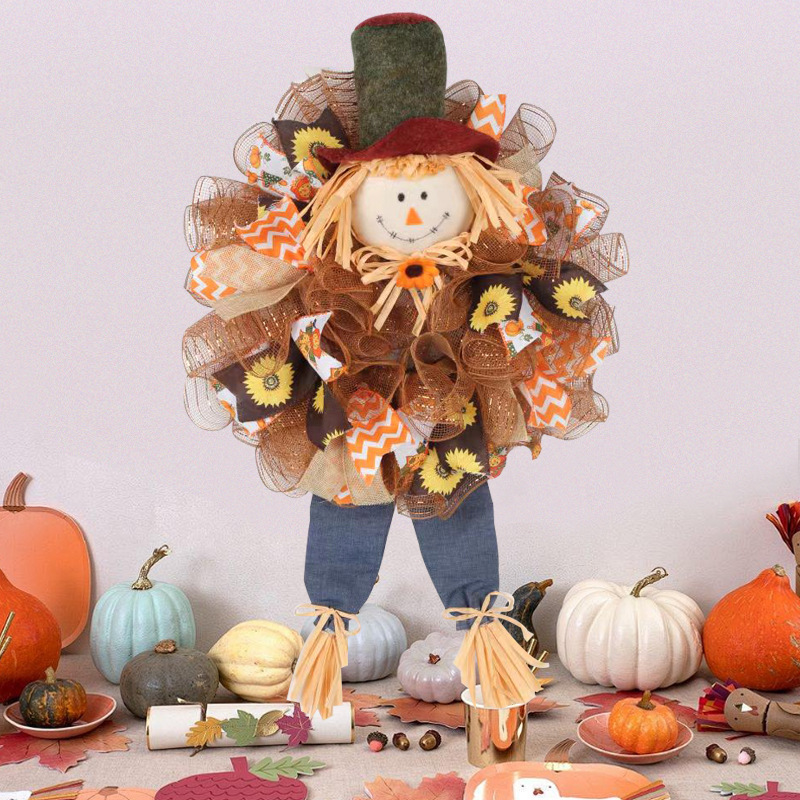 27" Scarecrow Wreath | Thanksgiving Deco Mesh Fall Front Door Wreath