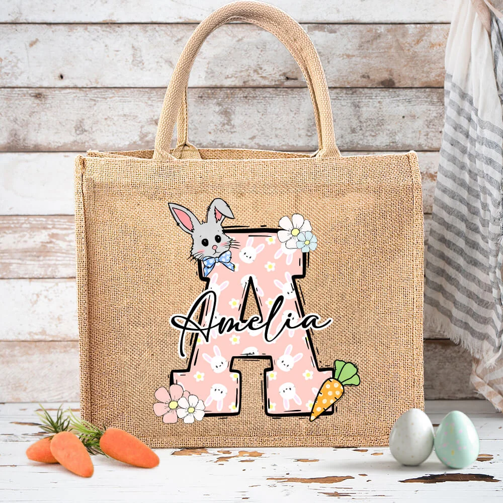 Custom Name & Initial Easter Bunny Burlap Tote Bag