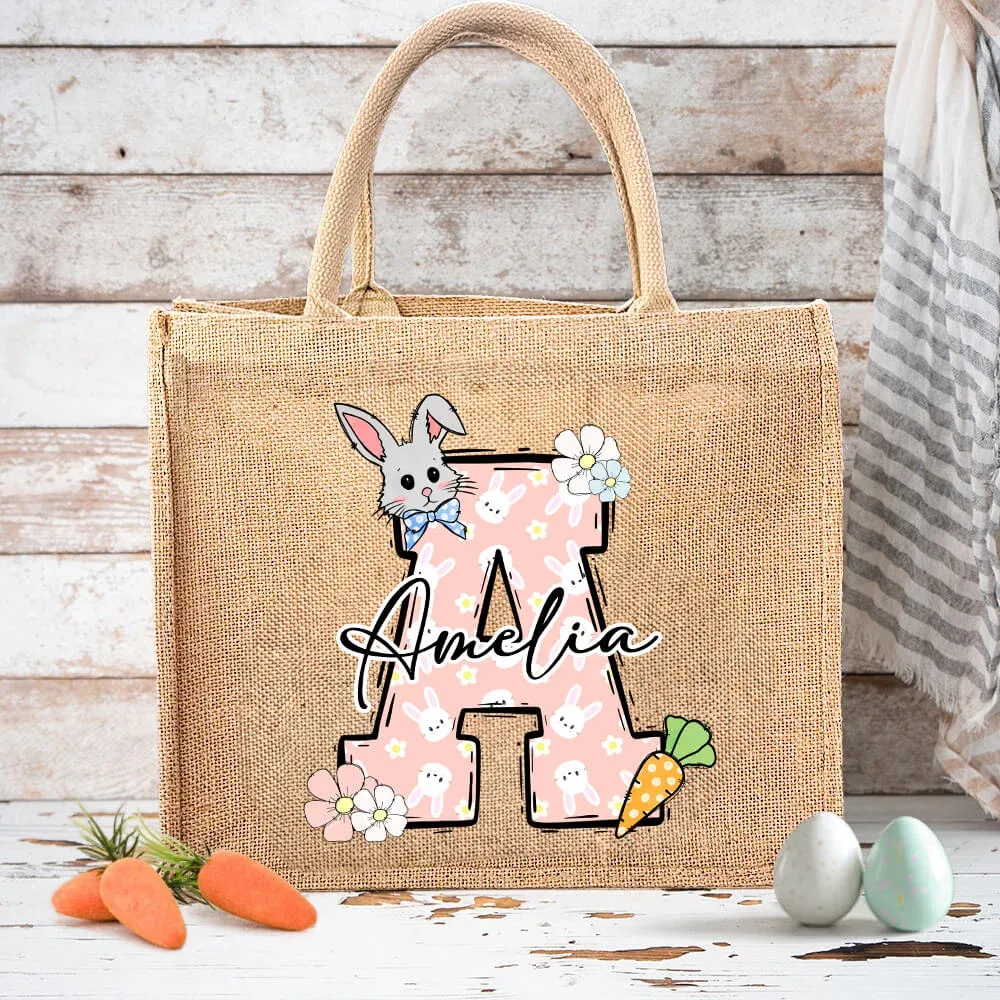 Custom Name & Initial Easter Bunny Burlap Tote Bag