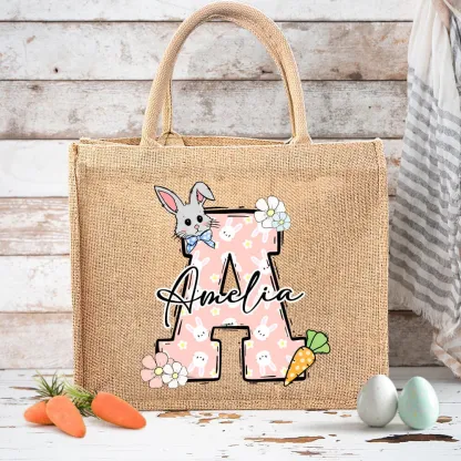 Custom Name & Initial Easter Bunny Burlap Tote Bag