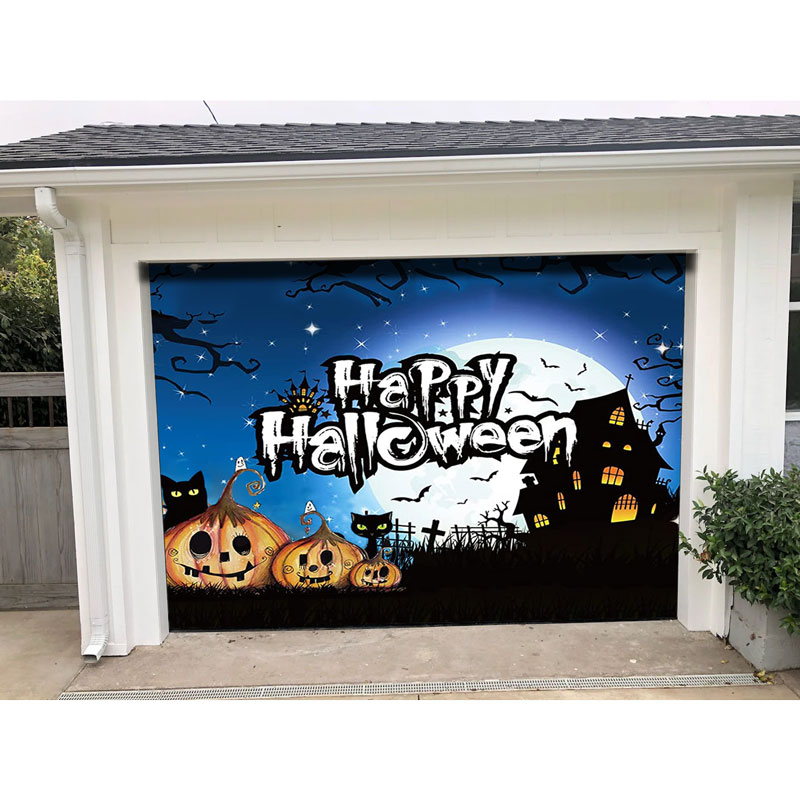(This style has a US warehouse and can be delivered in 3-5 days)7' x 16'  Scray O Lantern Three Scary Pumpkins Garage Door Mural