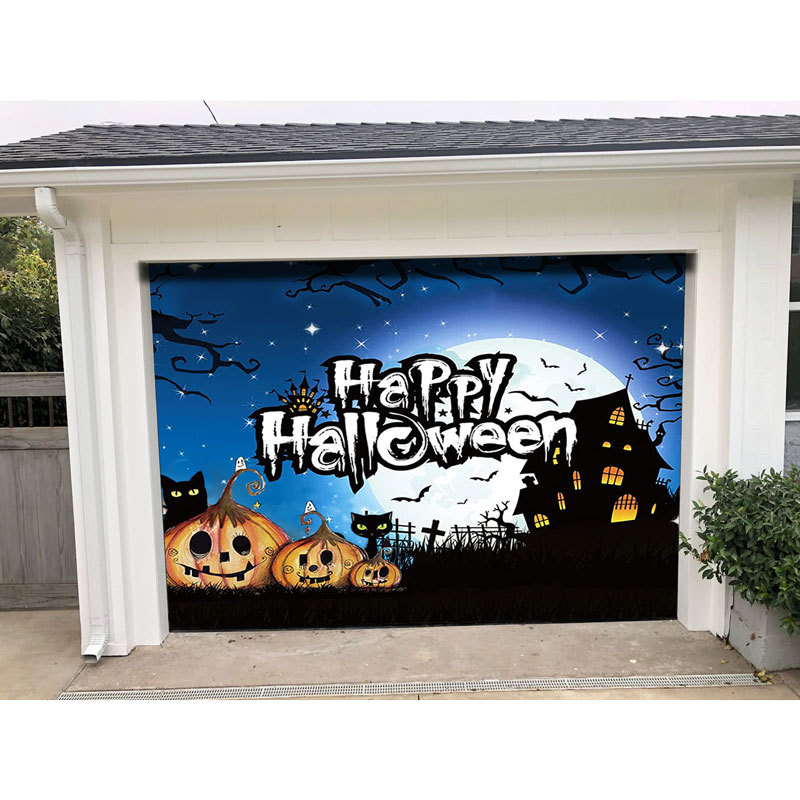(This style has a US warehouse and can be delivered in 3-5 days)7' x 16'  Scray O Lantern Three Scary Pumpkins Garage Door Mural