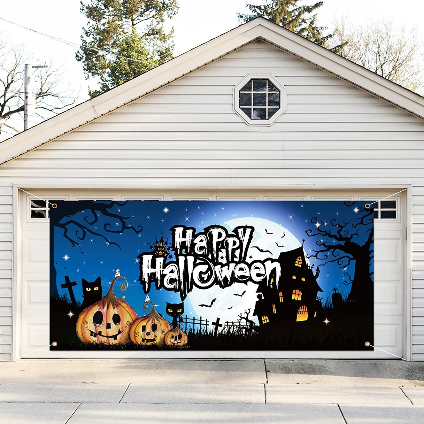 (This style has a US warehouse and can be delivered in 3-5 days)7' x 16'  Scray O Lantern Three Scary Pumpkins Garage Door Mural