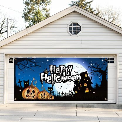 (This style has a US warehouse and can be delivered in 3-5 days)7' x 16'  Scray O Lantern Three Scary Pumpkins Garage Door Mural