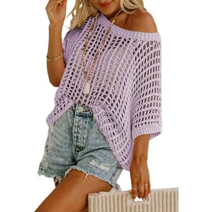 Short Sleeve Crochet Sweater Lightweight Summer Tops Loose Hollow Out Crewneck Pullover