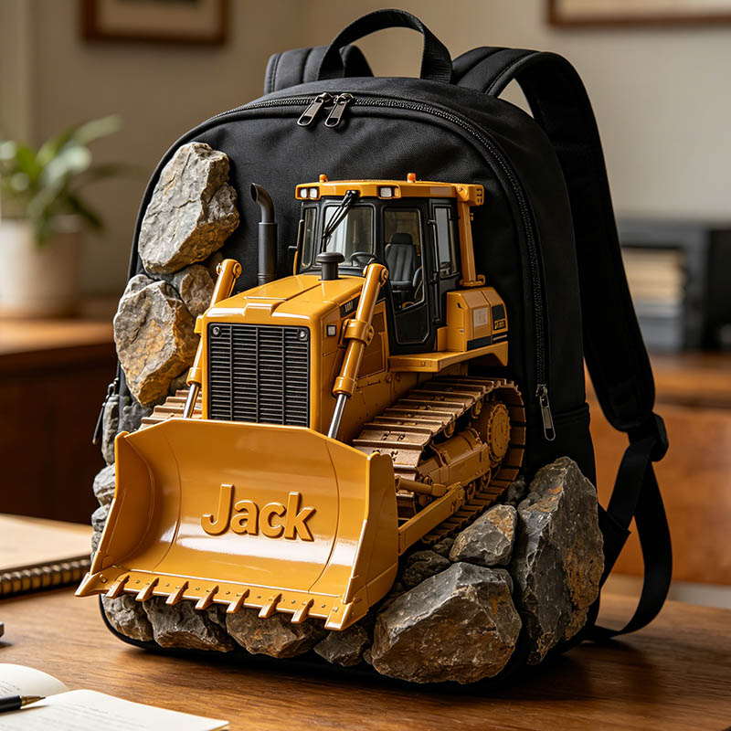 Personalized bulldozer-themed backpack