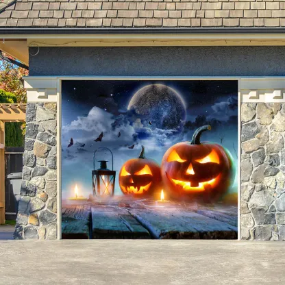 O-Lantern on Table in Spooky Night - Halloween With Full Moon Garage Door Banner Mural