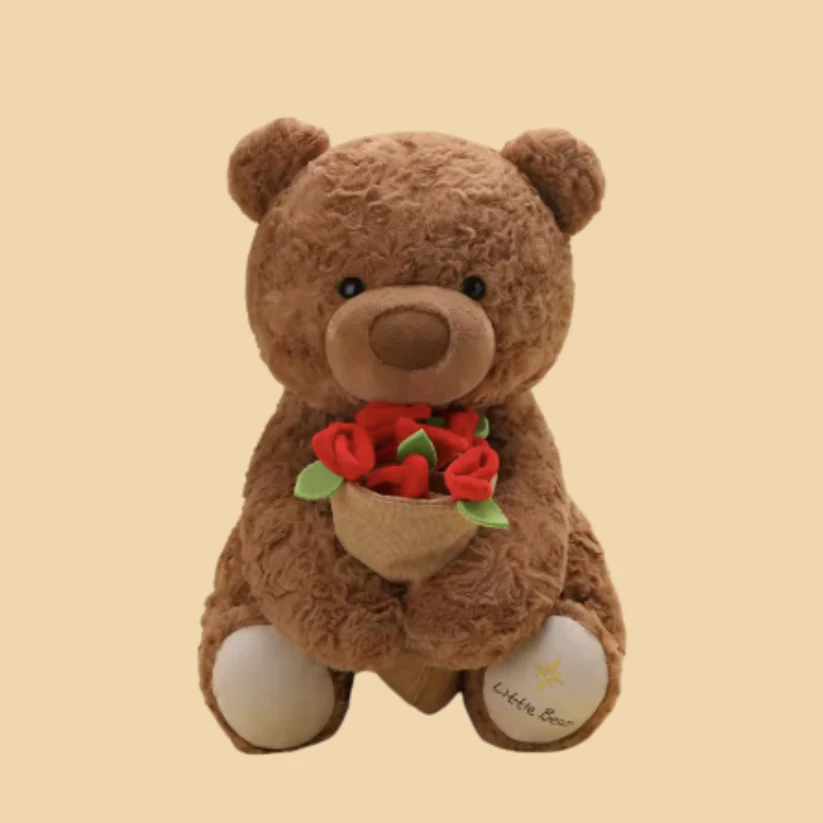 Rose Bloom Bear – Soft Plush Bear with Magnetic Hands & Flower Bouquet