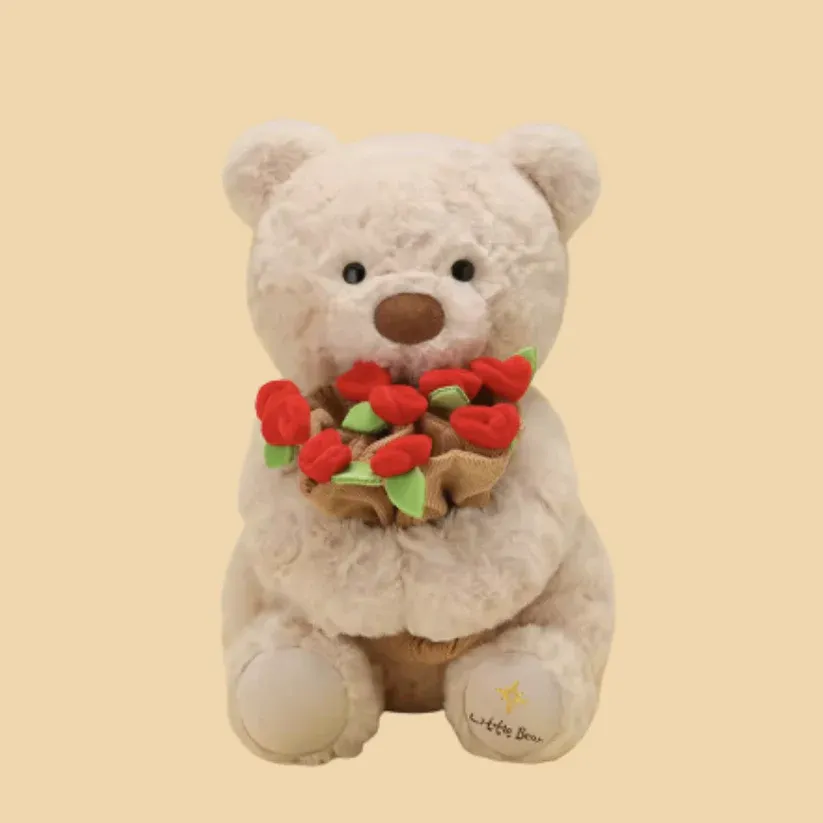 Rose Bloom Bear – Soft Plush Bear with Magnetic Hands & Flower Bouquet