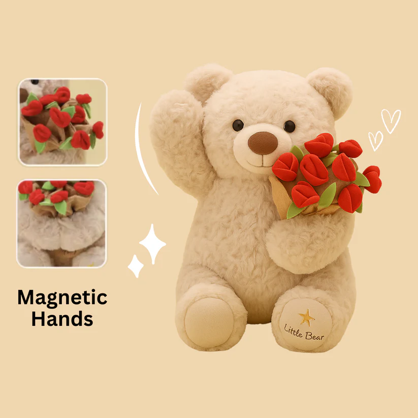 Rose Bloom Bear – Soft Plush Bear with Magnetic Hands & Flower Bouquet