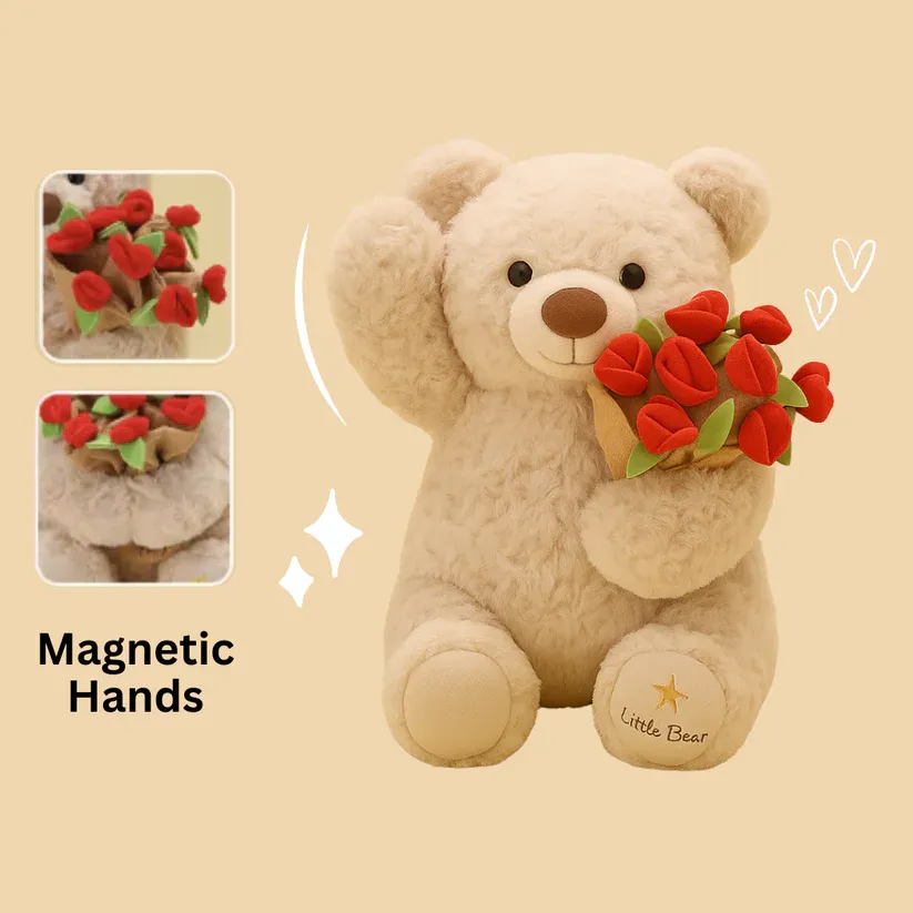 Rose Bloom Bear – Soft Plush Bear with Magnetic Hands & Flower Bouquet